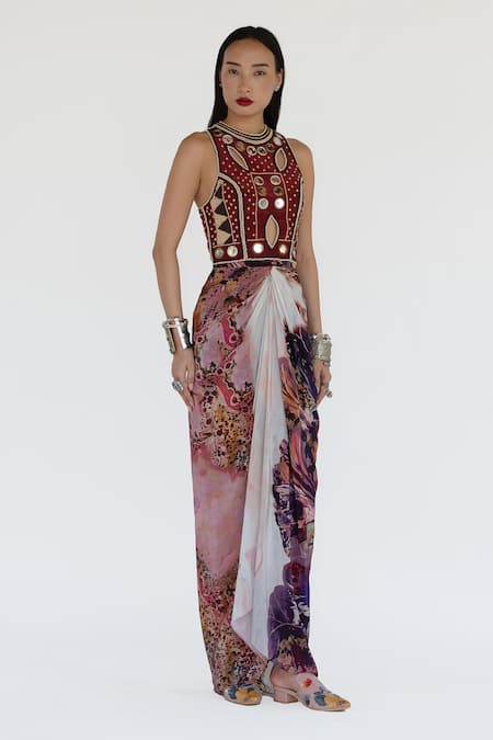 Amka_Pink Silk Beads, Mirrors Round Neck Rose Designer Blouse _at_Aza_Fashions