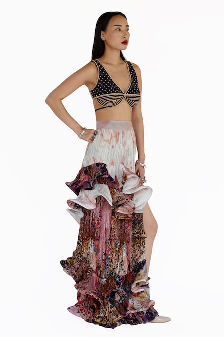 Amka_Blue Silk V-neck Midnight Designer Blouse _Online_at_Aza_Fashions