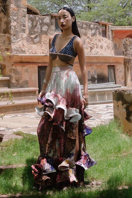 Buy_Amka_Blue Silk V-neck Midnight Designer Blouse 