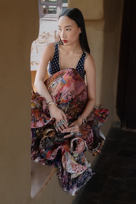 Amka_Pink Silk Artichoke Rose Skirt _Online_at_Aza_Fashions