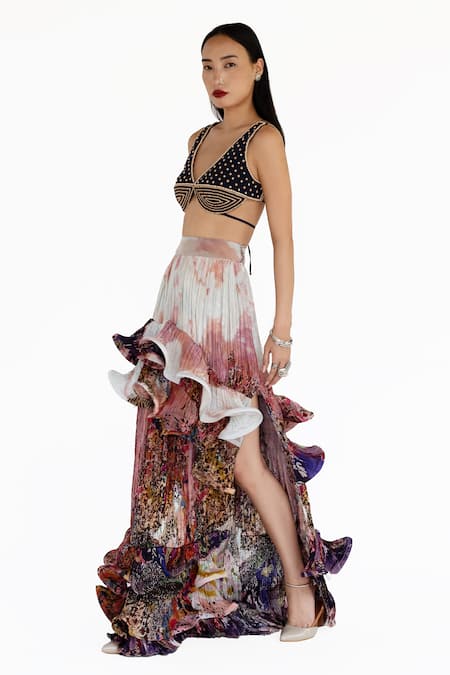 Amka_Pink Silk Artichoke Rose Skirt _at_Aza_Fashions