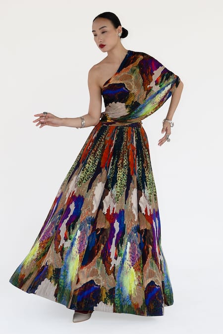 Amka_Multi Color Silk Asymmetric Mosaic Natural Blouse _Online_at_Aza_Fashions