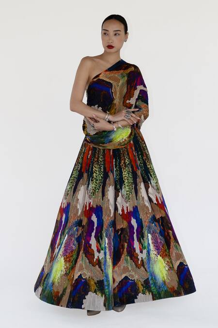 Buy_Amka_Multi Color Silk Asymmetric Mosaic Natural Blouse _Online_at_Aza_Fashions