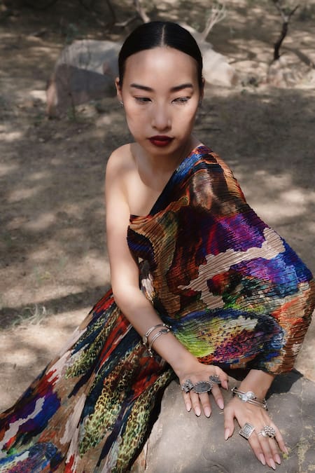 Amka_Multi Color Silk Asymmetric Mosaic Natural Blouse _at_Aza_Fashions