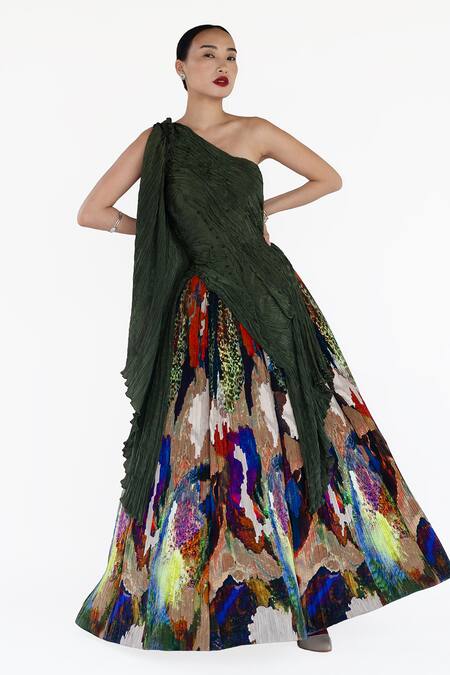 Buy_Amka_Emerald Green Silk Asymmetric Designer Blouse _Online_at_Aza_Fashions