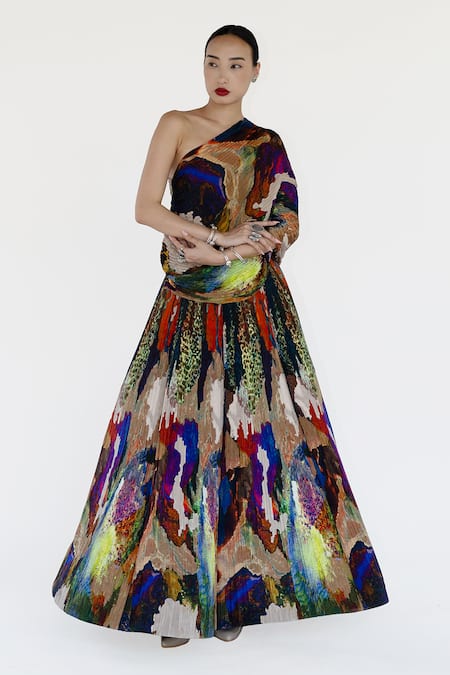 Buy_Amka_Multi Color Silk Mosaic Natural Skirt _Online_at_Aza_Fashions