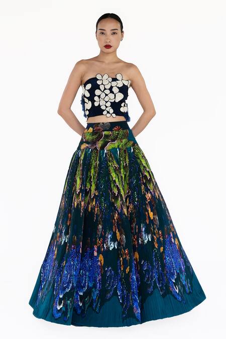 Buy_Amka_Blue Silk Applique Open Neck Midnight Designer Blouse _Online_at_Aza_Fashions