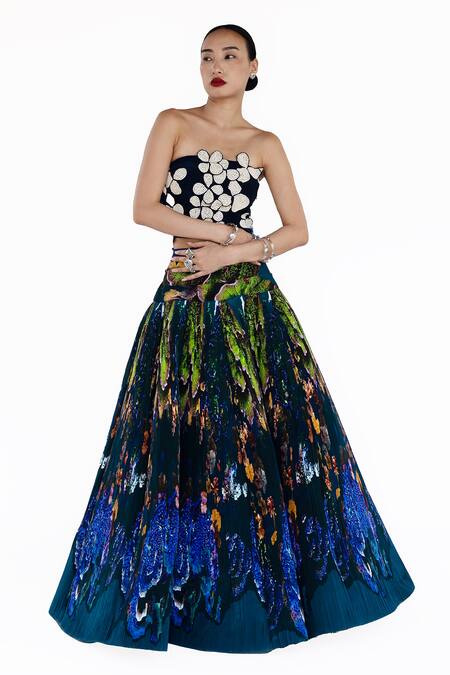 Shop_Amka_Blue Silk Applique Open Neck Midnight Designer Blouse _Online_at_Aza_Fashions