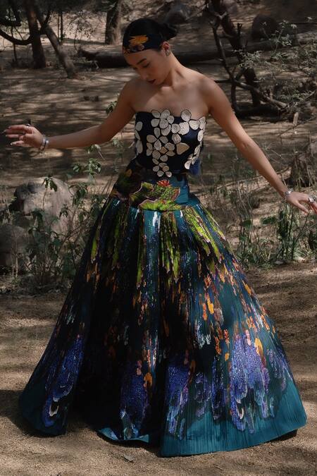 Buy_Amka_Blue Silk Applique Open Neck Midnight Designer Blouse 