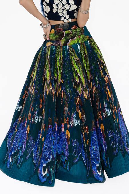 Shop_Amka_Blue Silk Applique Open Neck Midnight Designer Blouse 