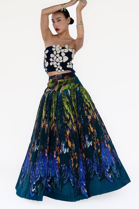 Shop Amka Blue Silk Designer Dokmai Skirt Online at Aza Fashions Shop_Amka_Blue Silk Designer Dokmai Skirt _Online_at_Aza_Fashions