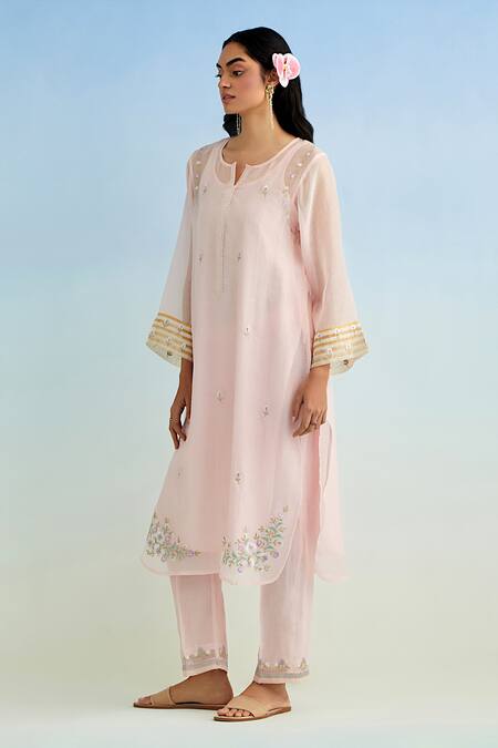 Shop_Anantaa By Roohi_Pink Chanderi Embroidery Round Neck Kurta Pant Set _Online_at_Aza_Fashions