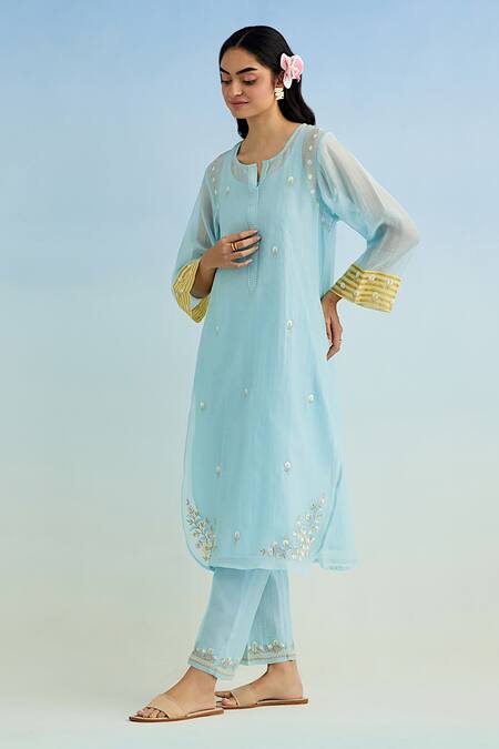 Buy Anantaa By Roohi Blue Chanderi, Cotton Embroidery Round Neck Machine Kurta Pant Set Online at Aza Fashions Buy_Anantaa By Roohi_Blue Chanderi, Cotton Embroidery Round Neck Machine Kurta Pant Set _Online_at_Aza_Fashions