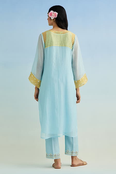 Shop Anantaa By Roohi Blue Chanderi, Cotton Embroidery Round Neck Machine Kurta Pant Set at Aza Fashions Shop_Anantaa By Roohi_Blue Chanderi, Cotton Embroidery Round Neck Machine Kurta Pant Set _at_Aza_Fashions
