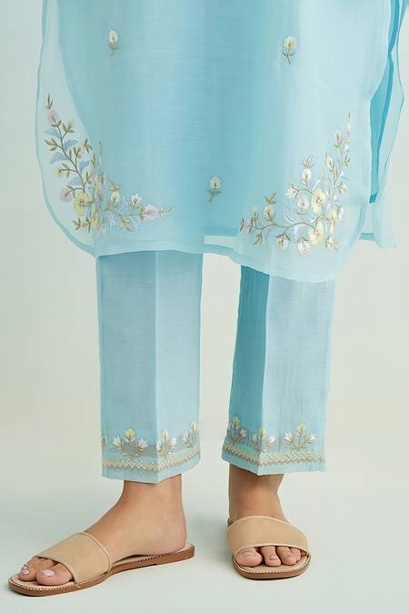 Shop Anantaa By Roohi Blue Chanderi, Cotton Embroidery Round Neck Machine Kurta Pant Set Online at Aza Fashions Shop_Anantaa By Roohi_Blue Chanderi, Cotton Embroidery Round Neck Machine Kurta Pant Set _Online_at_Aza_Fashions