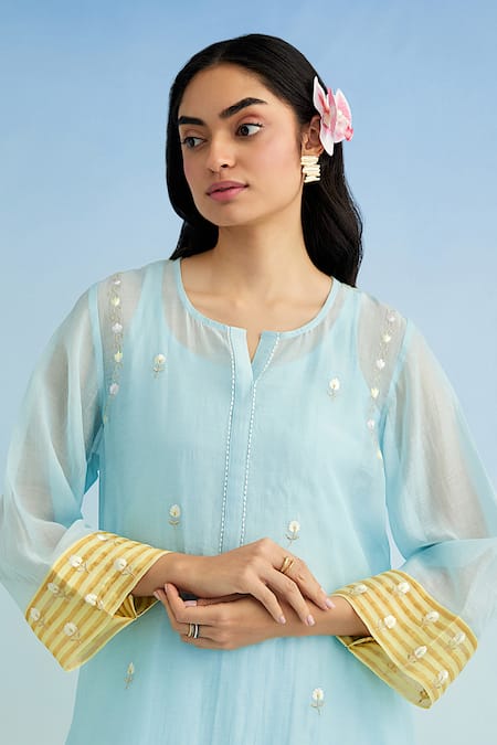 Anantaa By Roohi Blue Chanderi, Cotton Embroidery Round Neck Machine Kurta Pant Set at Aza Fashions Anantaa By Roohi_Blue Chanderi, Cotton Embroidery Round Neck Machine Kurta Pant Set _at_Aza_Fashions