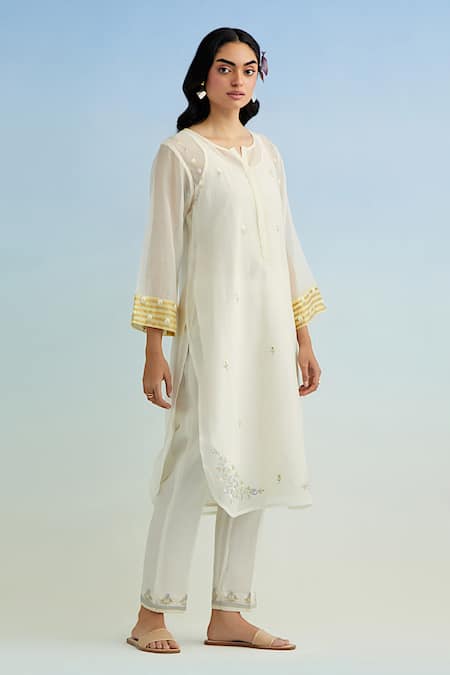 Anantaa By Roohi Ivory Chanderi, Cotton Embroidery Round Neck Kurta Pant Set Online at Aza Fashions Anantaa By Roohi_Ivory Chanderi, Cotton Embroidery Round Neck Kurta Pant Set _Online_at_Aza_Fashions