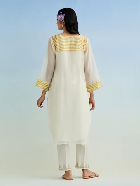 Shop Anantaa By Roohi Ivory Chanderi, Cotton Embroidery Round Neck Kurta Pant Set at Aza Fashions Shop_Anantaa By Roohi_Ivory Chanderi, Cotton Embroidery Round Neck Kurta Pant Set _at_Aza_Fashions