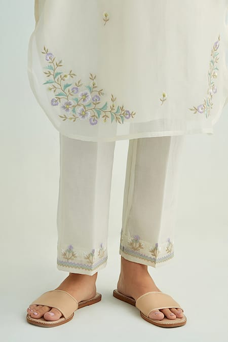 Shop Anantaa By Roohi Ivory Chanderi, Cotton Embroidery Round Neck Kurta Pant Set Online at Aza Fashions Shop_Anantaa By Roohi_Ivory Chanderi, Cotton Embroidery Round Neck Kurta Pant Set _Online_at_Aza_Fashions
