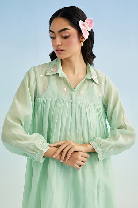 Anantaa By Roohi_Green Chanderi, Cotton Embroidery Collared Mul Kurta Pant Set _Online_at_Aza_Fashions