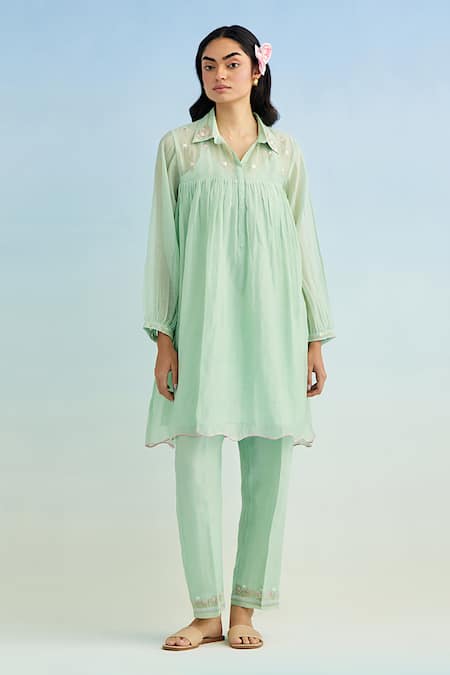 Anantaa by Roohi Green Mul Chanderi Kurta Pant Set 