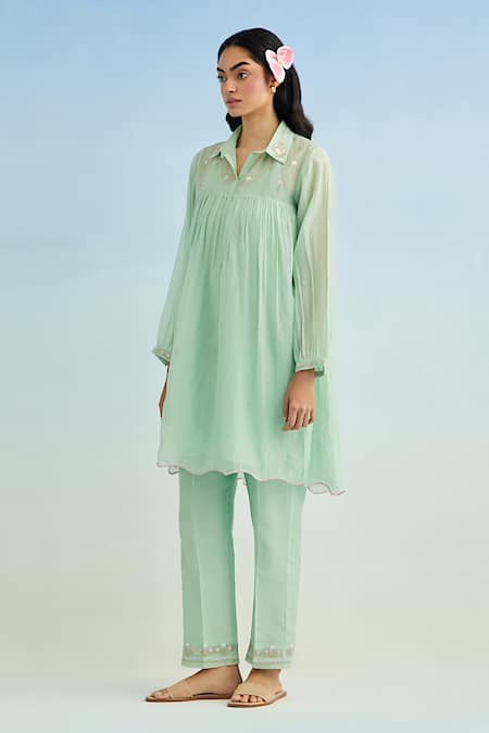 Shop_Anantaa By Roohi_Green Chanderi, Cotton Embroidery Collared Mul Kurta Pant Set _Online_at_Aza_Fashions