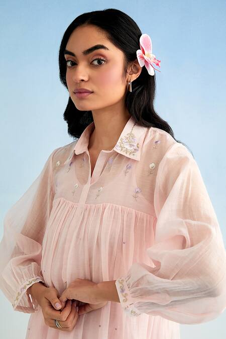 Anantaa By Roohi_Pink Chanderi, Cotton Embroidery Collared Kurta Set _Online_at_Aza_Fashions