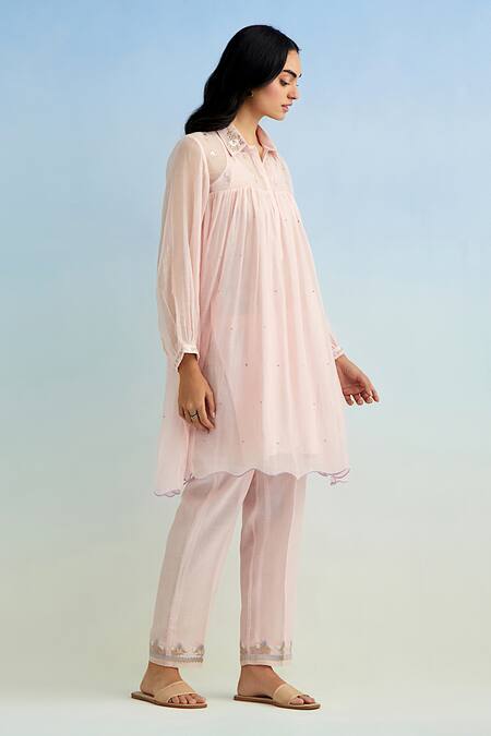 Buy_Anantaa By Roohi_Pink Chanderi, Cotton Embroidery Collared Kurta Set _Online_at_Aza_Fashions