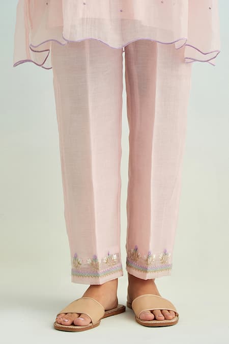 Shop_Anantaa By Roohi_Pink Chanderi, Cotton Embroidery Collared Kurta Set _Online_at_Aza_Fashions