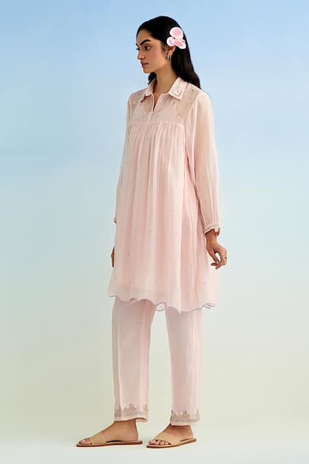 Anantaa By Roohi_Pink Chanderi, Cotton Embroidery Collared Kurta Set _at_Aza_Fashions