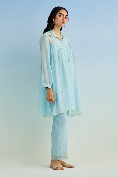 Shop_Anantaa By Roohi_Blue Chanderi Embroidery Collared Kurta Pant Set _Online_at_Aza_Fashions