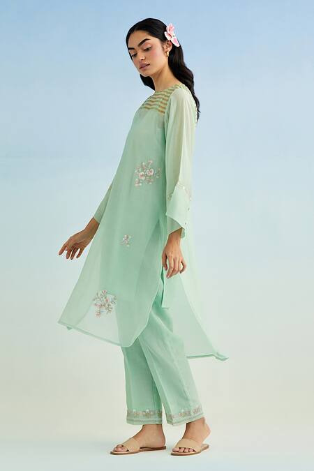 Buy_Anantaa By Roohi_Green Embroidery Round Neck Kurta Pant Set _Online_at_Aza_Fashions
