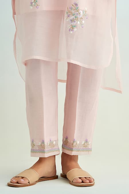 Shop_Anantaa By Roohi_Pink Chanderi Embroidery Round Neck Kurta Pant Set _Online_at_Aza_Fashions