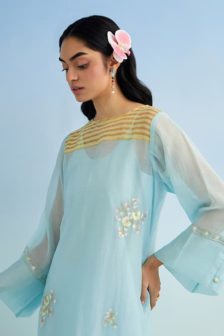 Shop_Anantaa By Roohi_Blue Embroidery Round Neck Chanderi Kurta Set _Online_at_Aza_Fashions