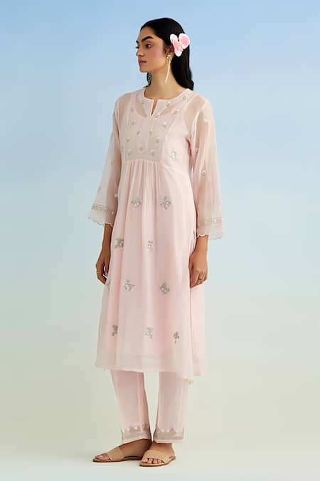 Anantaa By Roohi_Pink Chanderi, Cotton Embroidery Round Neck Kurta Pant Set _Online_at_Aza_Fashions