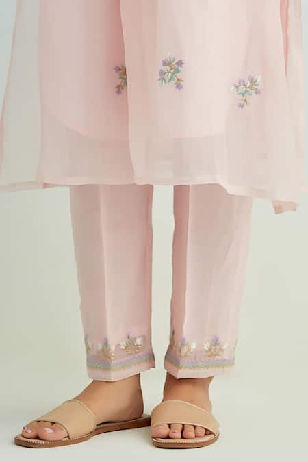 Buy_Anantaa By Roohi_Pink Chanderi, Cotton Embroidery Round Neck Kurta Pant Set _Online_at_Aza_Fashions