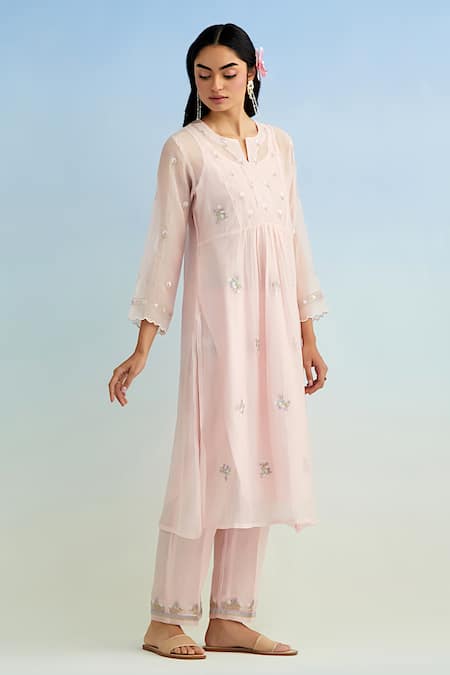 Shop_Anantaa By Roohi_Pink Chanderi, Cotton Embroidery Round Neck Kurta Pant Set _Online_at_Aza_Fashions