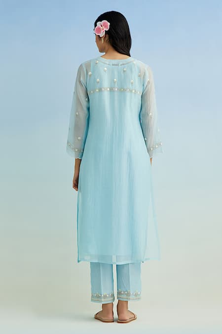 Shop Anantaa By Roohi Blue Chanderi, Cotton Embroidery Keyhole Neck Machine Kurta Set at Aza Fashions Shop_Anantaa By Roohi_Blue Chanderi, Cotton Embroidery Keyhole Neck Machine Kurta Set _at_Aza_Fashions
