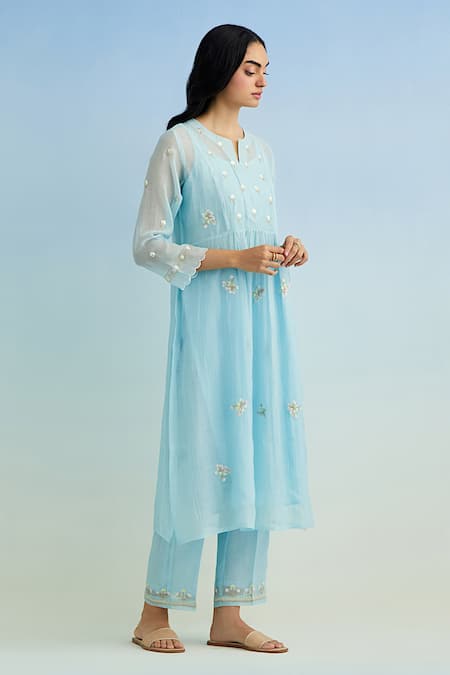 Anantaa By Roohi Blue Chanderi, Cotton Embroidery Keyhole Neck Machine Kurta Set Online at Aza Fashions Anantaa By Roohi_Blue Chanderi, Cotton Embroidery Keyhole Neck Machine Kurta Set _Online_at_Aza_Fashions