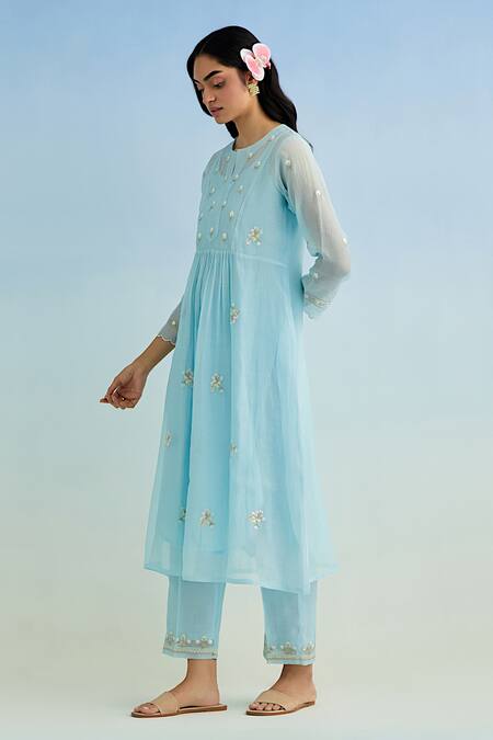 Buy Anantaa By Roohi Blue Chanderi, Cotton Embroidery Keyhole Neck Machine Kurta Set Online at Aza Fashions Buy_Anantaa By Roohi_Blue Chanderi, Cotton Embroidery Keyhole Neck Machine Kurta Set _Online_at_Aza_Fashions