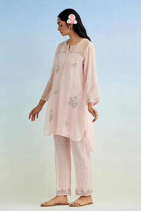 Shop_Anantaa By Roohi_Pink Chanderi Embroidery Round Neck Kurta Pant Set _Online_at_Aza_Fashions