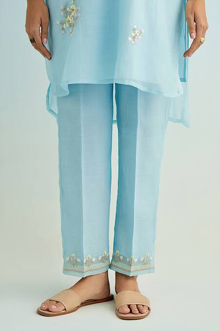 Shop_Anantaa By Roohi_Blue Chanderi Embroidery Round Neck Kurta Pant Set _Online_at_Aza_Fashions