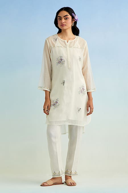 Anantaa By Roohi Ivory Chanderi Embroidery Round Neck Kurta Pant Set 