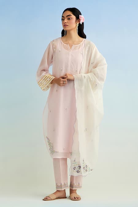 Anantaa By Roohi Pink Chanderi Embroidery Round Neck Kurta Pant Set 