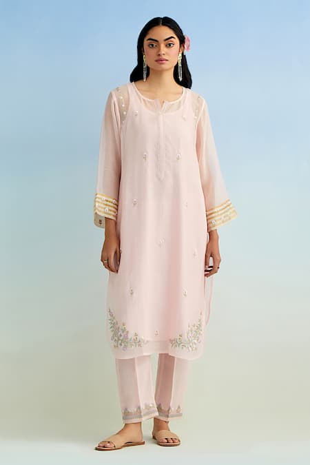 Shop_Anantaa By Roohi_Pink Chanderi Embroidery Round Neck Kurta Pant Set _Online_at_Aza_Fashions