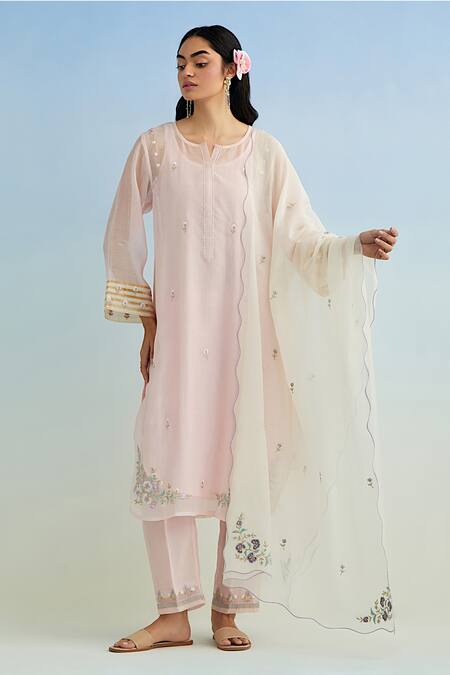 Shop_Anantaa By Roohi_Pink Chanderi Embroidery Round Neck Kurta Pant Set 