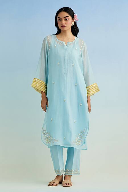 Shop_Anantaa By Roohi_Blue Chanderi Embroidery Round Neck Mul Kurta Set With Yellow Dupatta _Online_at_Aza_Fashions