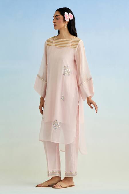 Shop Anantaa By Roohi Pink Chanderi Embroidery Round Neck Kurta Set Shop_Anantaa By Roohi_Pink Chanderi Embroidery Round Neck Kurta Set