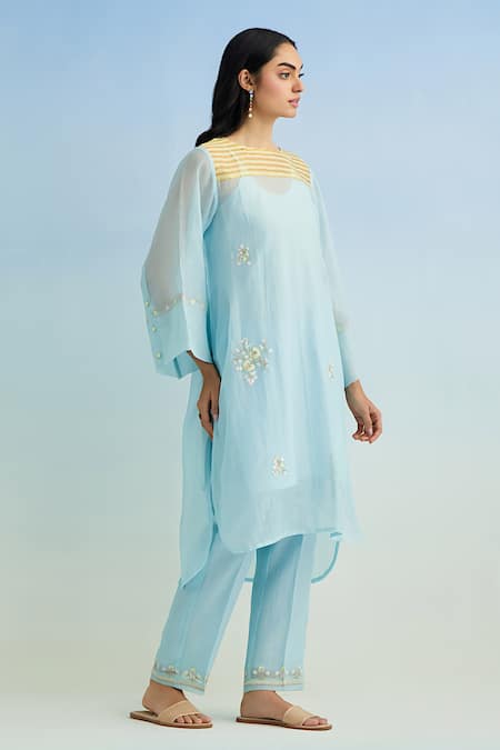 Buy_Anantaa By Roohi_Blue Chanderi Embroidery Round Neck Kurta Set With Yellow Dupatta _Online_at_Aza_Fashions