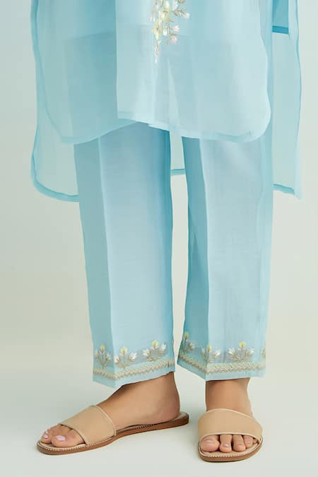 Shop_Anantaa By Roohi_Blue Chanderi Embroidery Round Neck Kurta Set With Yellow Dupatta _Online_at_Aza_Fashions